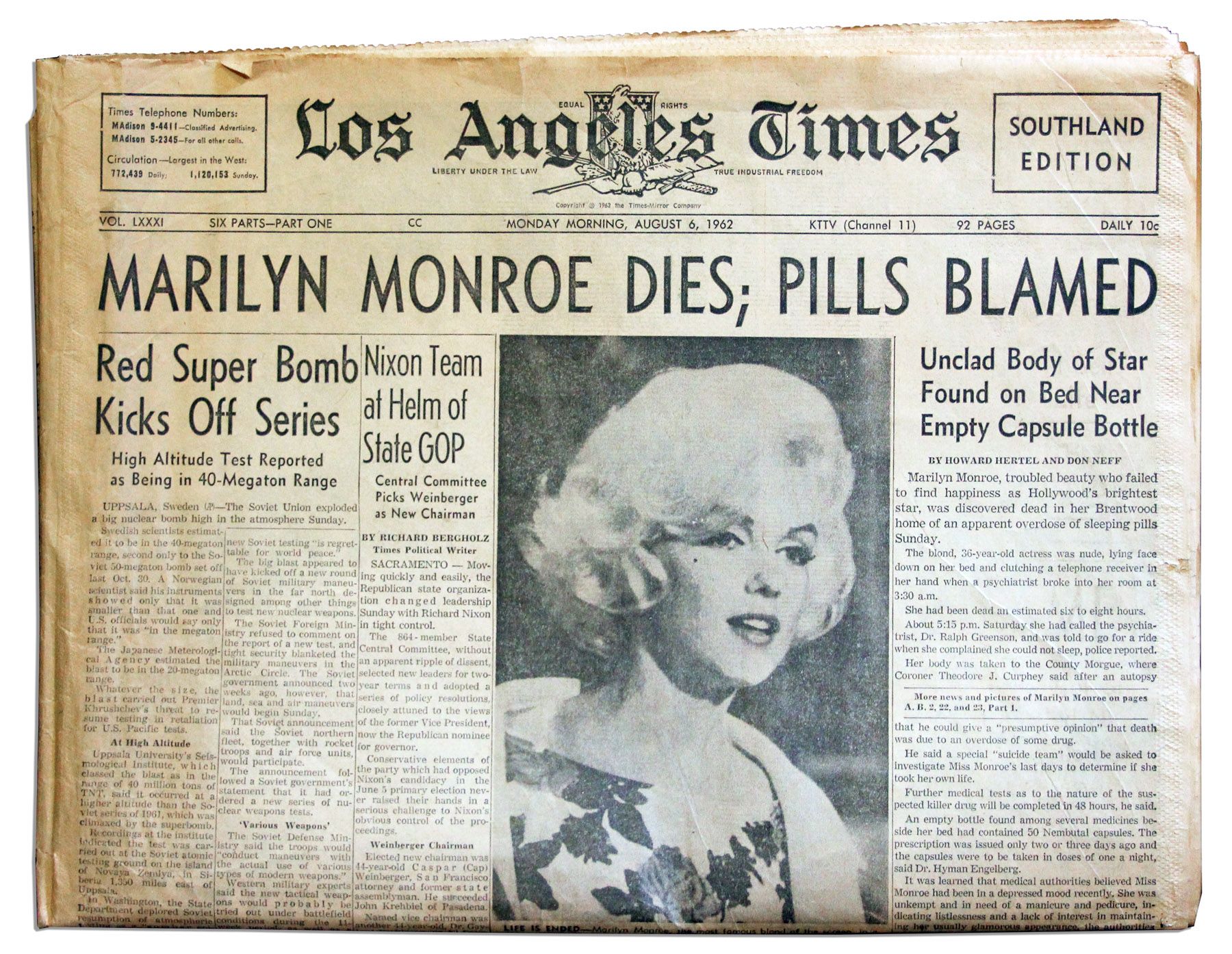 Lot Detail The Los Angeles Times Newspaper Reporting The Death Of Marilyn Monroe In La The 
