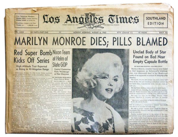 The ''Los Angeles Times'' Newspaper Reporting the Death of Marilyn Monroe in LA The Day Before