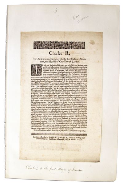 King Charles I Broadside From the Start of The Civil War -- 1642 -- Forbidding Contributions of Money or Horses Toward the Raising of a Guard For Parliament