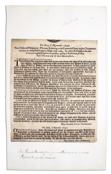 Broadside Issued by Oliver Cromwell's Parliament to Fight Crime During Third English Civil War & War of 3 Kingdoms -- Bounty on Robbers & Crackdown on Influx of ''Rogues'' From Ireland -- 1649