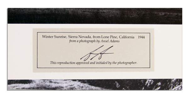 Ansel Adams Signed Print of His ''Winter Sunrise, Sierra Nevada, From Lone Pine, California 1944'' -- Tucked Inside The Cover of His Compilation Book ''Images 1923-1974''