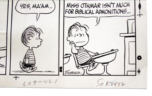 Charles Schulz Hand-Drawn ''Peanuts'' Sunday Strip Featuring Linus -- 1968
