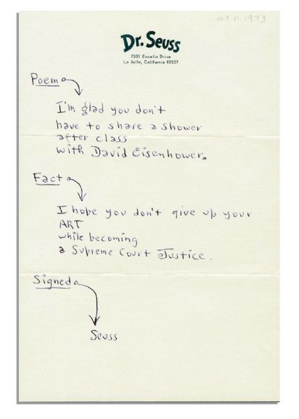 Dr. Seuss Signed Original Handwritten Poem -- ''...I'm glad you don't / have to share a shower / after class / with David Eisenhower''