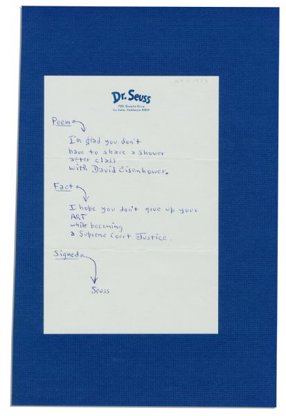 Dr. Seuss Signed Original Handwritten Poem -- ''...I'm glad you don't / have to share a shower / after class / with David Eisenhower''