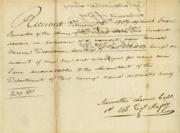 Meriwether Lewis 1807 Document Signed Related to the Famed Lewis & Clark Expedition -- Lewis Receives 5 Months Pay From the Expedition Upon Returning to D.C.