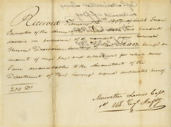 Lewis and Clark autograph Meriwether Lewis 1807 Document Signed Related to the Famed Lewis & Clark Expedition -- Lewis Receives 5 Months Pay From the Expedition Upon Returning to D.C.