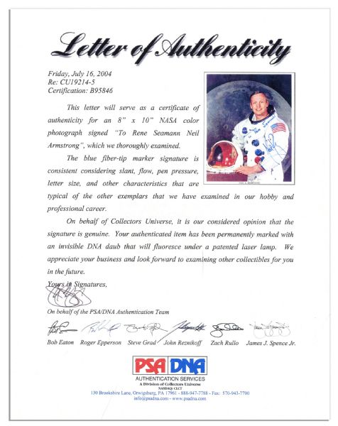Neil Armstrong Signed 8'' x 10'' Photo -- With PSA/DNA COA