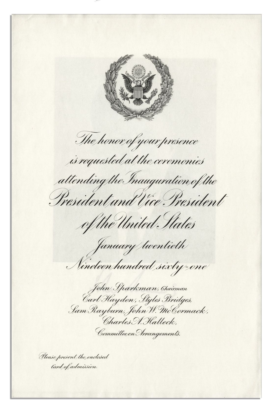 1961 John F Kennedy Official Souvenir Inaugural Invitation 