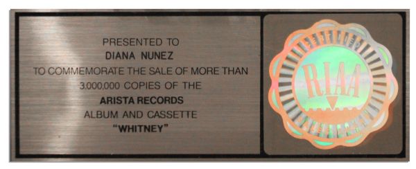 Whitney Houston Multi-Platinum RIAA Award for ''Whitney'' -- Lovely Tribute to the Phenomenal Star