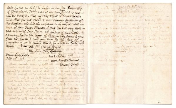 Jonathan Swift Autograph Letter Signed -- ''...Mr. Williamson dyed about 36 hours ago; He was Treasurer of Christ-church in Dublin...The Person whom I desire may have it is Mr. John Jackson...''