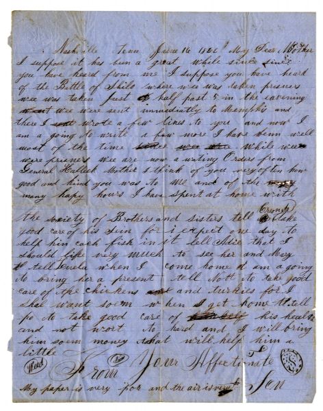 Shiloh POW Letter & Photo Lot -- Fort Donelson: ''...bullets came as close as I cared having them. Mother...one poor man...had his leg shot off just so it hung on and the other fell right on me...''
