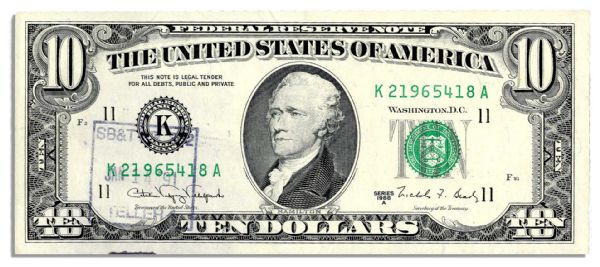 $10 Federal Reserve Error Note -- Series 1988-A, Dallas -- Blank Back Printing Error