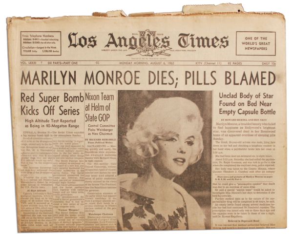Marilyn Monroe's Death Covered in the ''Los Angeles Times'' of 6 August 1962 -- ''Pills Blamed''