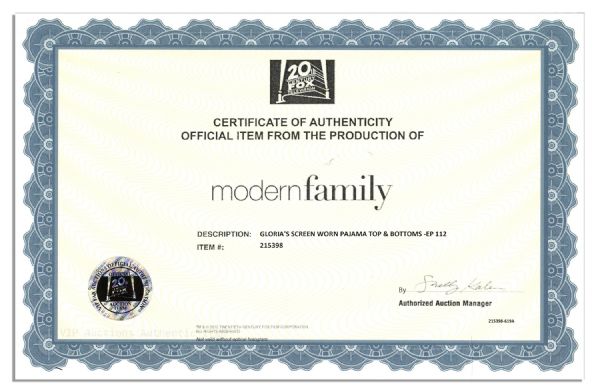 Sofia Vergara ''Modern Family'' Screen-Worn Pajamas -- With COA From 20th Century Fox