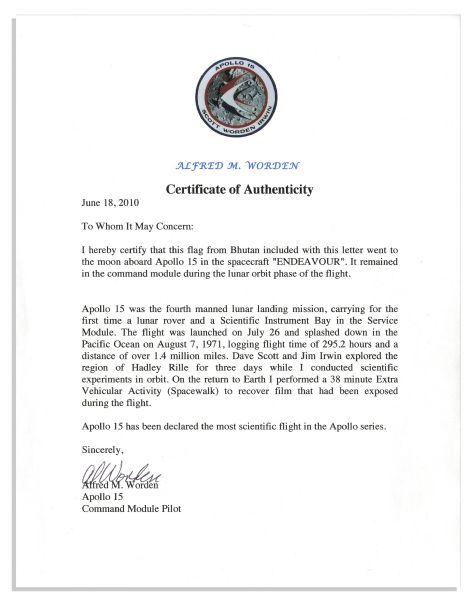 Apollo 15 Flown 6'' x 4'' Bhutan Flag -- Signed & Inscribed ''Flown to the Moon on Apollo 15 Al Worden CMP'' by NASA Astronaut Al Worden -- Near Fine -- Also With COA by Worden