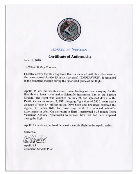 Apollo 15 Flown 6'' x 4'' Bolivia Flag -- Signed & Inscribed ''Flown to the Moon on Apollo 15 Al Worden CMP'' by NASA Astronaut Al Worden -- Near Fine -- Also With COA by Worden