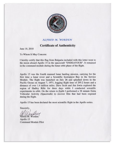 Apollo 15 Flown 6'' x 4'' Bulgarian Flag -- Signed & Inscribed ''Flown to the Moon on Apollo 15 Al Worden CMP'' by NASA Astronaut Al Worden -- Near Fine -- Also With COA by Worden