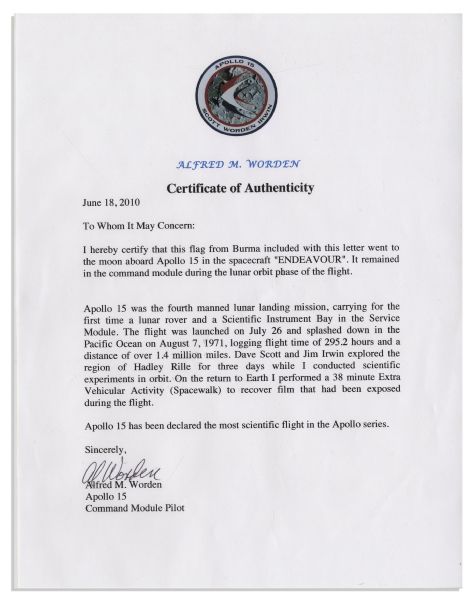 Apollo 15 Flown 6'' x 4'' Burma Flag -- Signed & Inscribed ''Flown to the Moon on Apollo 15 Al Worden CMP'' by NASA Astronaut Al Worden -- Near Fine -- Also With COA by Worden