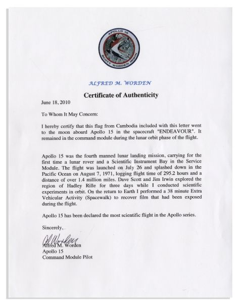 Apollo 15 Flown 6'' x 4'' Cambodia Flag -- Signed & Inscribed ''Flown to the Moon on Apollo 15 Al Worden CMP'' by NASA Astronaut Al Worden -- Near Fine -- Also With COA by Worden