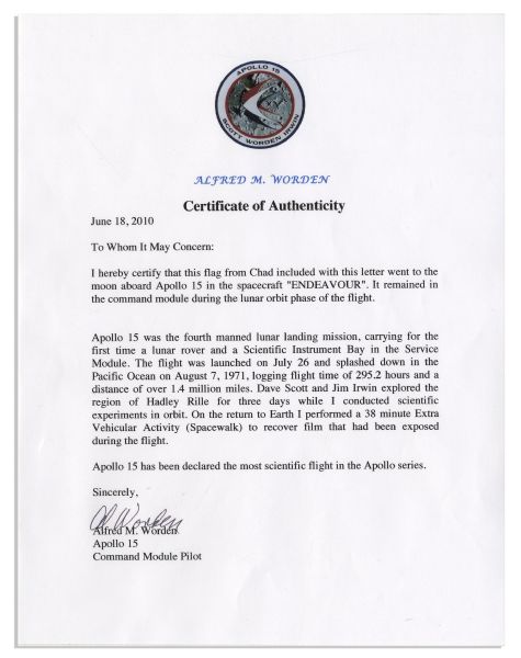 Apollo 15 Flown 6'' x 4'' Chad Flag -- Signed & Inscribed ''Flown to the Moon on Apollo 15 Al Worden CMP'' by NASA Astronaut Al Worden -- Near Fine -- Also With COA by Worden