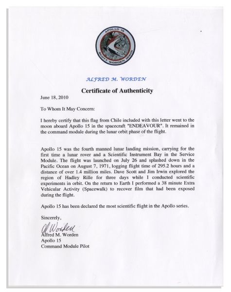 Apollo 15 Flown 6'' x 4'' Chilean Flag -- Signed & Inscribed ''Flown to the Moon on Apollo 15 Al Worden CMP'' by NASA Astronaut Al Worden -- Near Fine -- Also With COA by Worden