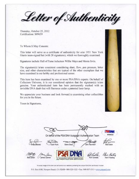 Larry Jansen Special Issue World Series Bat Signed by the 1951 Giants Team -- Bobby Thomson, Willy Mays, Larry Jansen and 24 More -- With PSA/DNA COA