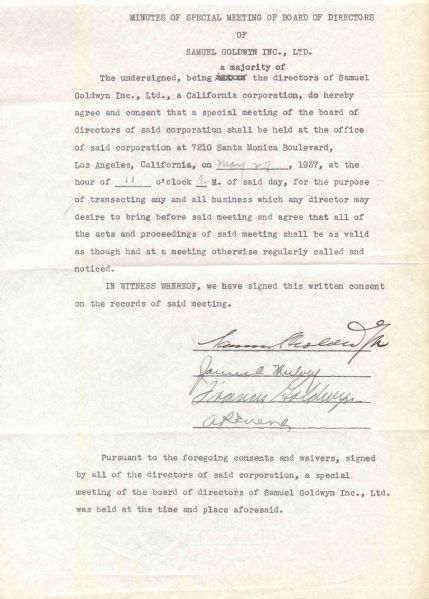 Film Pioneer Samuel Goldwyn 1937 Document Signed -- 8.5'' x 12.5'' -- Near Fine
