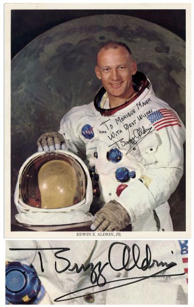 Buzz Aldrin Signed 8'' x 10'' Glossy Photo -- In Black Ink: ''To Monique Maier With Best Wishes / Buzz Aldrin'' -- Near Fine
