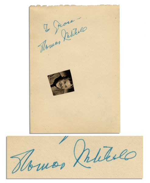 Oscar Winning Actor Thomas Mitchell Signature on 4'' x 5.5'' Note Paper With Small Photo Affixed -- ''To Grace / Thomas Mitchell''