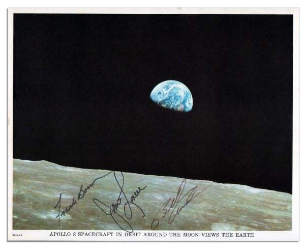 Pristine Apollo 8 Crew Signed Photo -- Jim Lovell, Frank Borman and Bill Anders Sign This View of Earth From Space