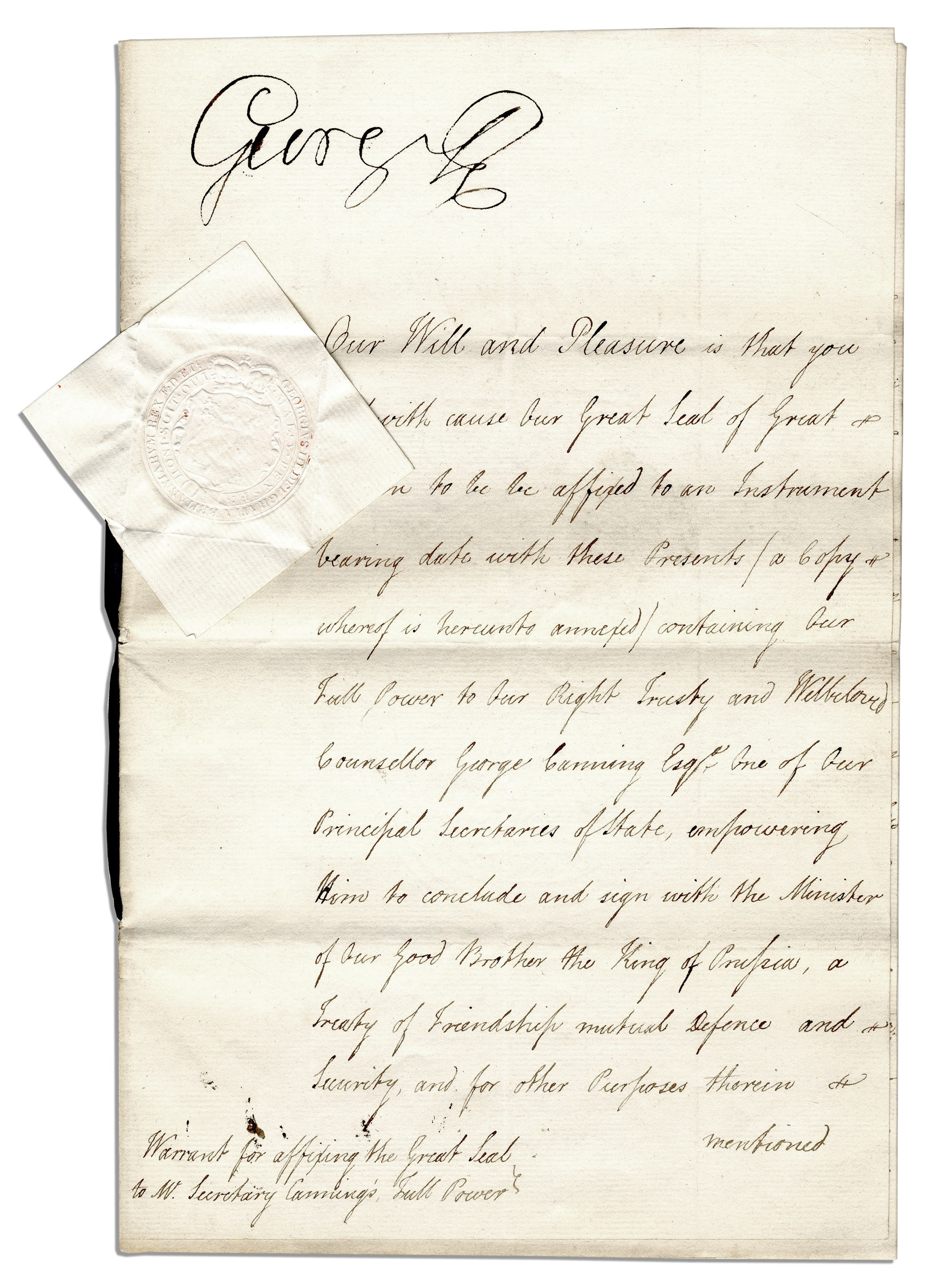 King George Memorabilia King George III Signed Napoleonic Wars Document -- Empowering His Foreign Minister to Sign a Peace Treaty With the Defeated King of Prussia