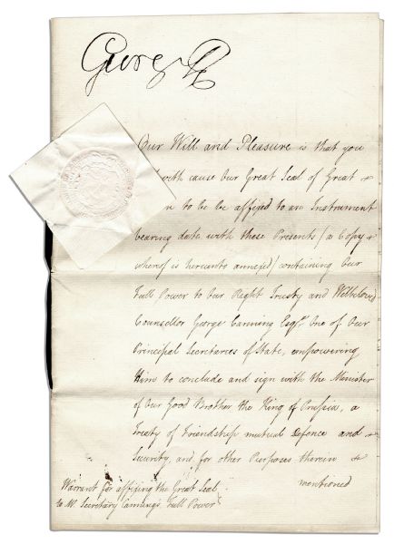 King George III Signed Napoleonic Wars Document -- Empowering His Foreign Minister to Sign a Peace Treaty With the Defeated King of Prussia