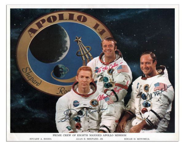 Apollo 14 Crew-Signed 10'' x 8'' Photo -- Alan Shepard, Stuart Roosa and Edgar Mitchell