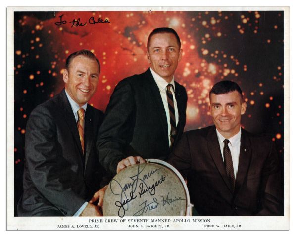 Apollo 13 Crew-Signed 10'' x 8'' Photo -- Issued by NASA Before The Nearly Disastrous Mission -- James Lovell, Jack Swigert & Fred Haise