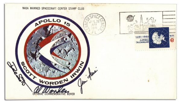 Apollo 15 Crew-Signed NASA Issued Astronaut Insurance Cover -- ''Al Worden'', ''Dave Scott'' & ''Jim Irwin'' -- Cancelled 26 July 1971 -- 6.5'' x 3.75'' -- Near Fine -- With COA From Worden