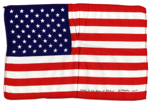 Large 11.5 x 7.75 Apollo 15 Flown American Flag -- Signed & Inscribed Flown to the Moon on Apollo 15 Al Worden CMP by NASA Astronaut Al Worden -- Near Fine -- Also With COA by Worden