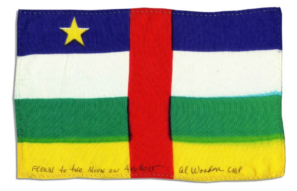 Apollo 15 Flown 6'' x 4'' Central African Republic Flag -- Signed & Inscribed ''Flown to the Moon on Apollo 15 Al Worden CMP'' by NASA Astronaut Al Worden -- Near Fine -- Also With COA by Worden