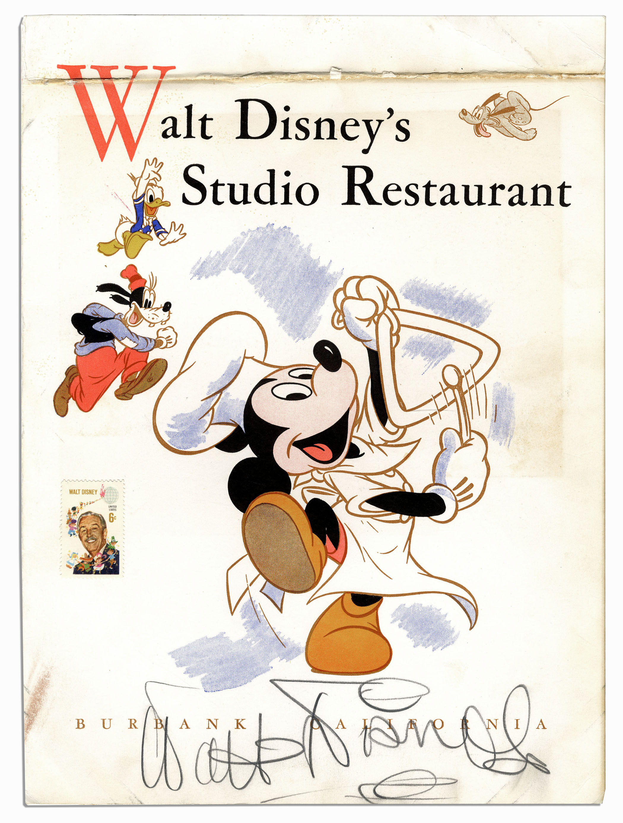 Walt Disney Autograph Walt Disney Signed Menu From the Disney Studio Restaurant -- With Phil Sears COA