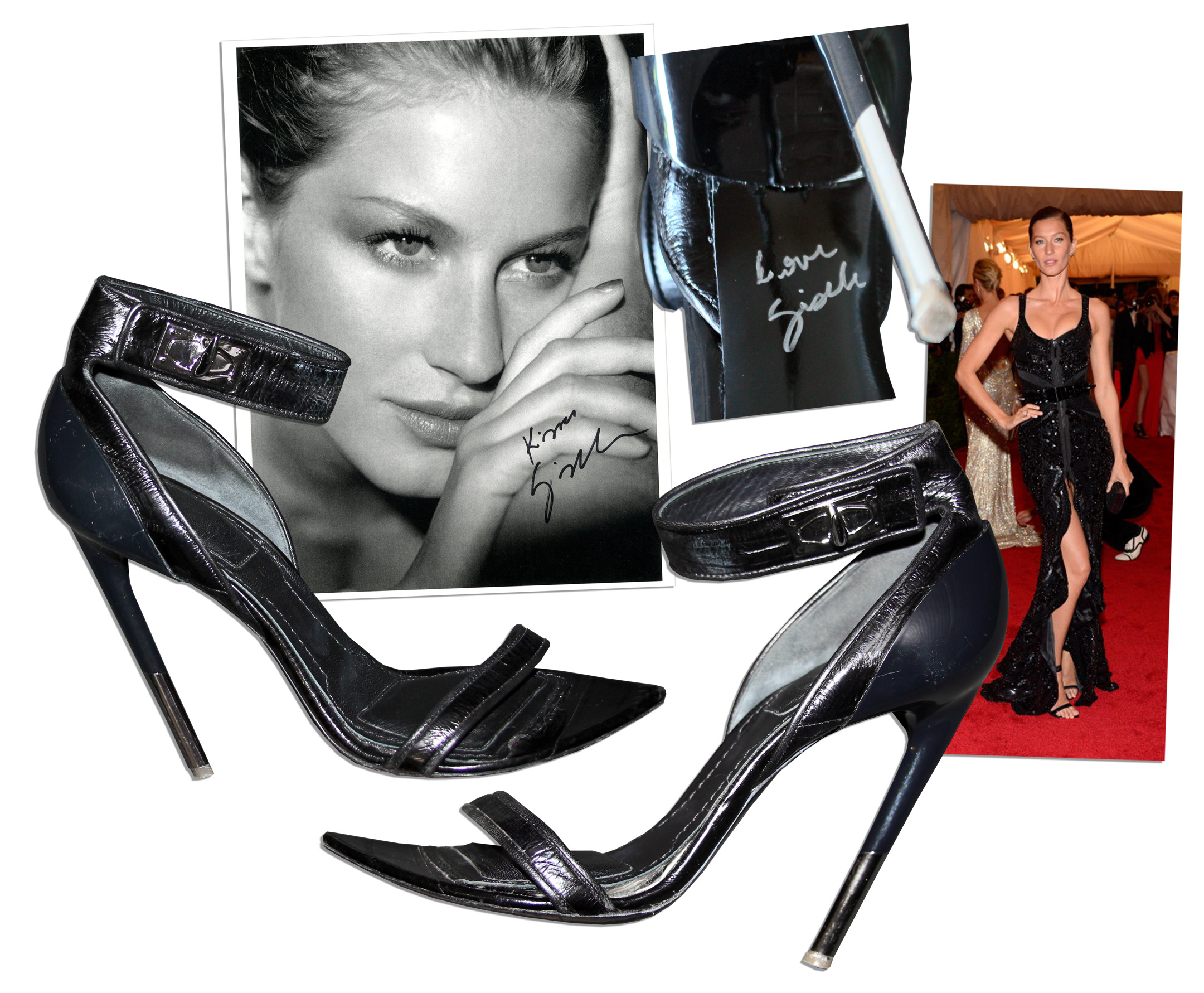 Lot Detail - Supermodel Gisele Bundchen Signed Givenchy Heels -- Worn to the 2012 Met Gala Tom Brady -- With 8'' x 10'' Signed Photo of Gisele