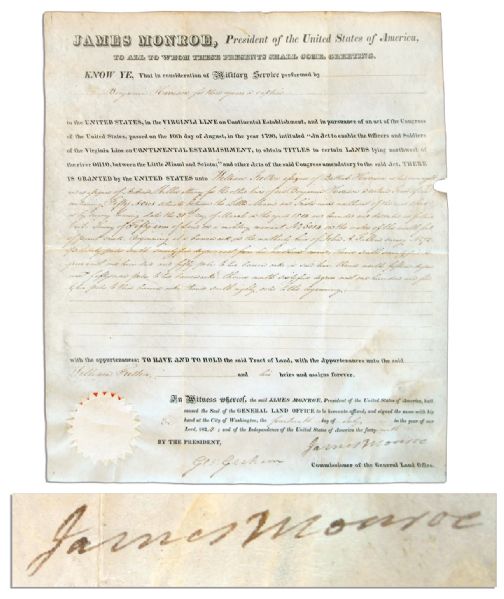 James Monroe Vellum Land Grant Signed as President in 1824 -- The Last Founding Father to be Elected President