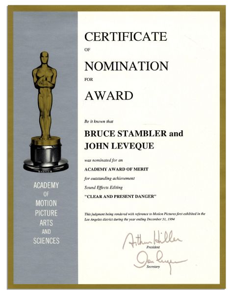 Academy Award Nomination for Sound Effects Editing From the 1994 Film ''Clear And Present Danger''