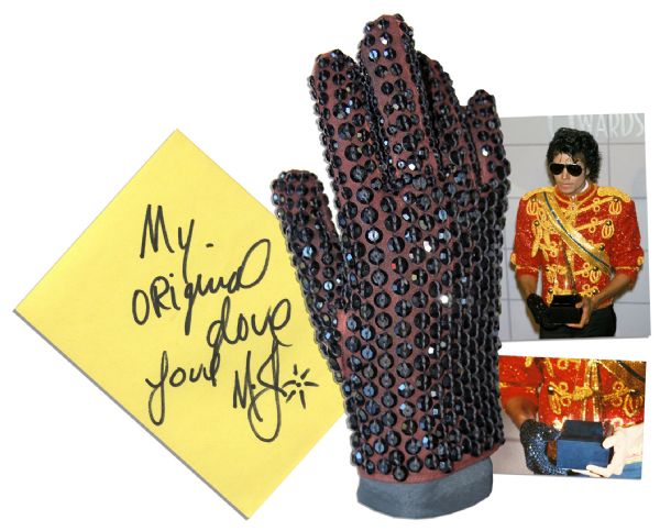 Michael Jackson's Famous Crystal-Encrusted Glove -- Worn by the King of Pop at the 1984 American Music Awards Honoring His Achievements on ''Thriller'' -- With Autograph Book Signed Four Times