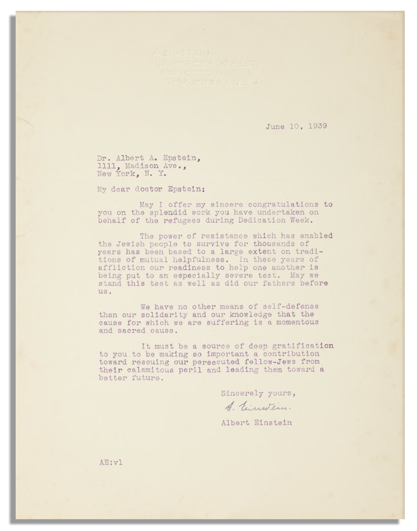 Judaica memorabilia Albert Einstein Letter Signed From 1939 -- Defending His Jewish Heritage -- ''...The power of resistance which has enabled the Jewish people to survive for thousands of years...''