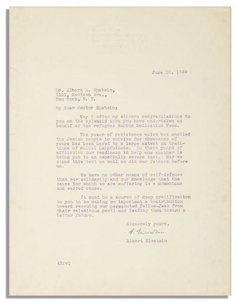 Albert Einstein Letter Signed From 1939 -- Defending His Jewish Heritage -- ''...The power of resistance which has enabled the Jewish people to survive for thousands of years...''