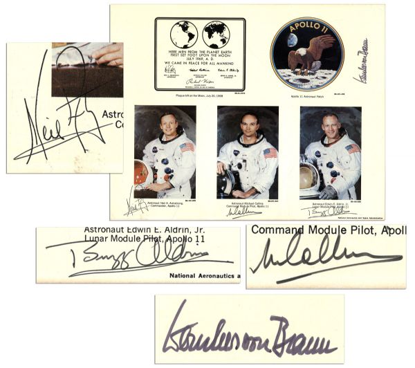 Apollo 11 Astronauts Signed Photo -- Neil Armstrong, Michael Collins, Buzz Aldrin and Werner von Braun-- With PSA/DNA COA