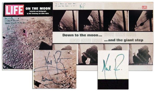 Neil Armstrong Twice Signed LIFE Magazine Featuring His Autograph Inscription About The Moon -- …It's a bright but quiet spot… -- With PSA/DNA COA