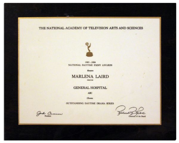 Emmy Certificate Honoring Marlena Laird as Director of ''General Hospital'' -- The Program That Won Outstanding Daytime Drama Series That Year