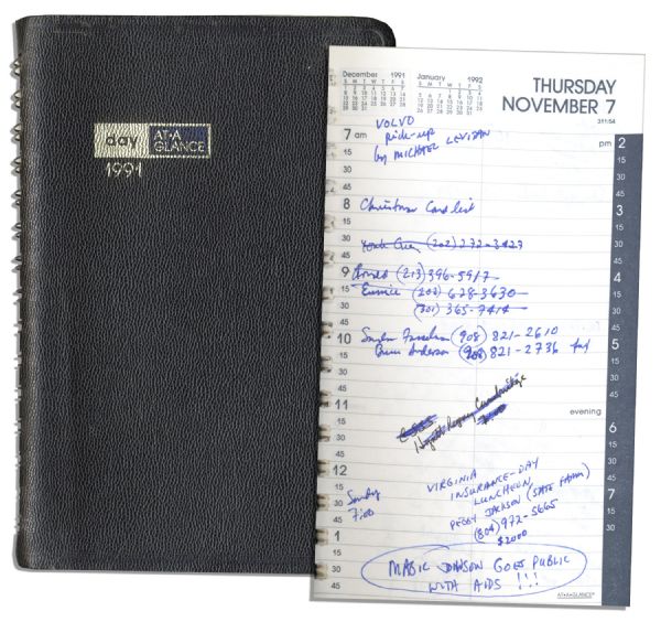 Arthur Ashe's 1991 Day Planner, Two Years Before His Death -- Before Going Public About Having AIDS, One Entry Reads, MAGIC JOHNSON GOES PUBLIC WITH AIDS!!!