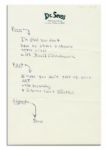 Dr. Seuss Signed Original Handwritten Poem -- ...Im glad you dont / have to share a shower / after class / with David Eisenhower