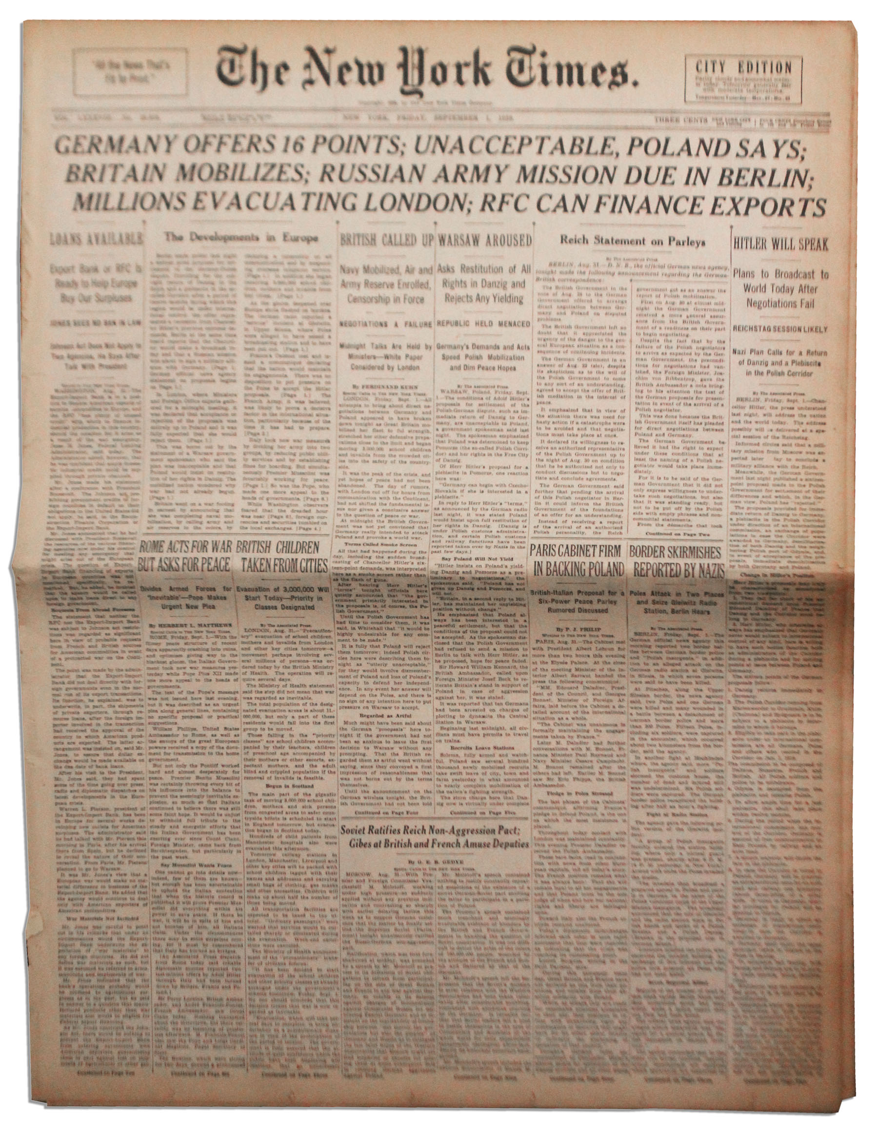 Lot Detail The New York Times From 1 September 1939 Millions Evacuating London